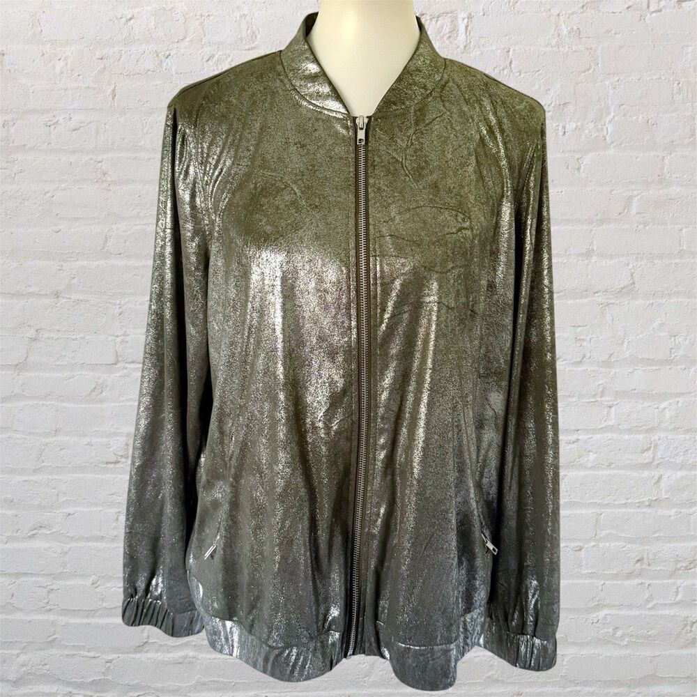 Chico's Metallic Bomber Jacket Full Zip Women's Green Size 2 (Women's L) Large